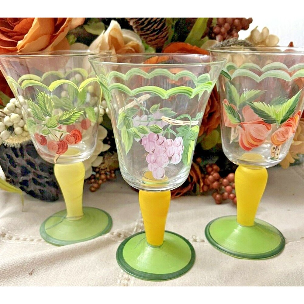 Hand Painted  with Fruit   wine Glasses Set Of 3